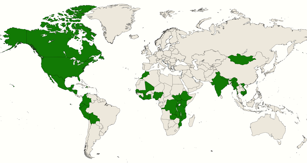 World map with grantee countries highlighted<br />
