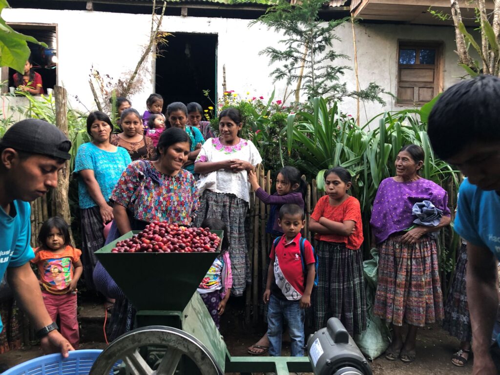 Villagers watching coffee beans being processed